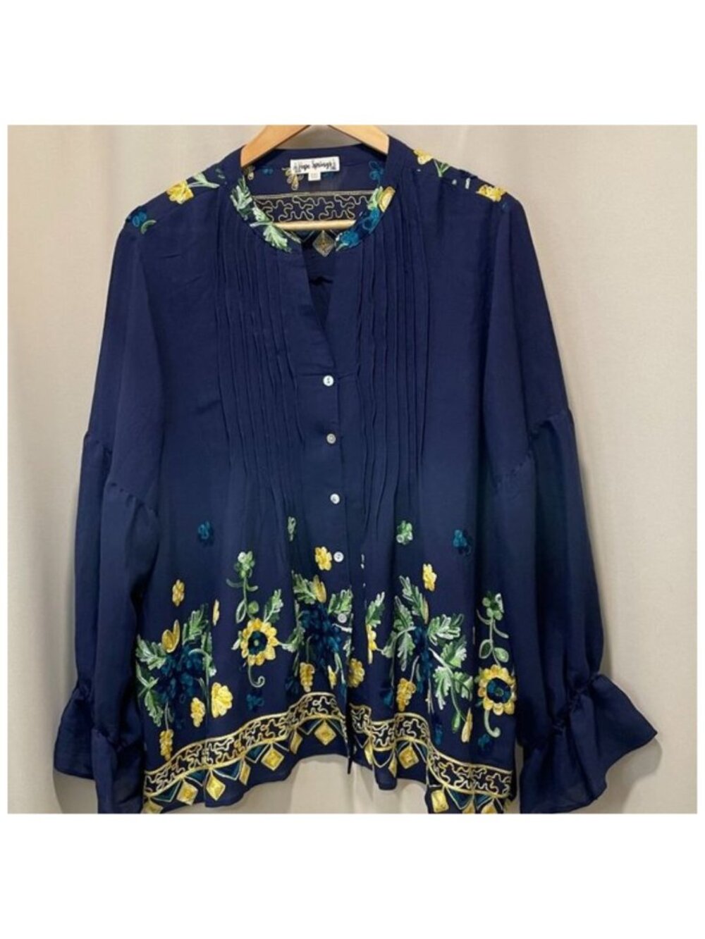 HOPE SPRINGS Navy/Yellow Embroidered Long Sleeve Button Front Blouse Women 2XL